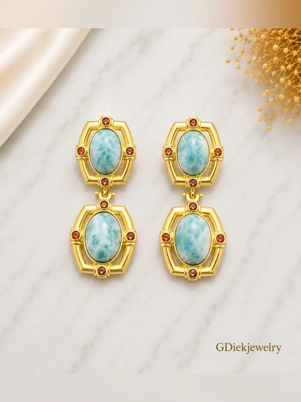 Goldfilled Drop Earrings with Blue Larimar and Orange Accents